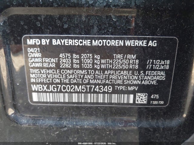 Aukcja sprzedaży 2021 Bmw X1 Sdrive28i, vin: WBXJG7C02M5T74349, numer aukcji: 45691980