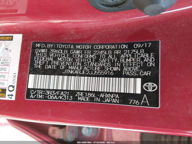 Aukcja sprzedaży 2018 Toyota Corolla Im, vin: JTNKARJE2JJ555916, numer aukcji: 45691984