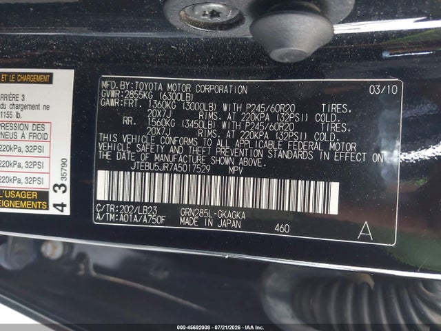 45692008 :رقم المزاد ، JTEBU5JR7A5017529 vin ، 2010 Toyota 4runner Limited V6 مزاد بيع