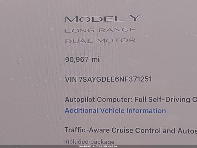 Продаж на аукціоні авто 2022 Tesla Model Y Long Range Dual Motor All-wheel Drive, vin: 7SAYGDEE6NF371251, номер лоту: 45692019