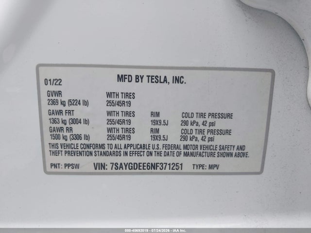 Продаж на аукціоні авто 2022 Tesla Model Y Long Range Dual Motor All-wheel Drive, vin: 7SAYGDEE6NF371251, номер лоту: 45692019