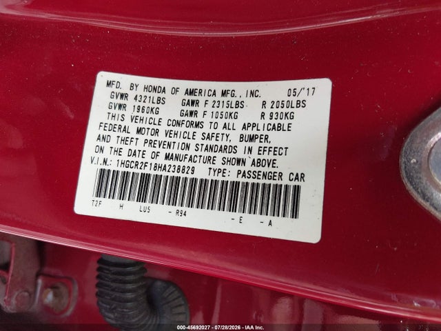 Продаж на аукціоні авто 2017 Honda Accord Sport Se, vin: 1HGCR2F18HA238829, номер лоту: 45692027