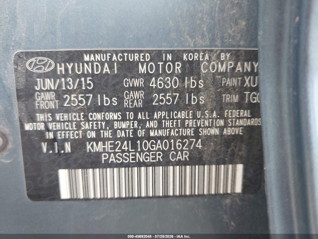 Aukcja sprzedaży 2016 Hyundai Sonata Hybrid Se, vin: KMHE24L10GA016274, numer aukcji: 45692048