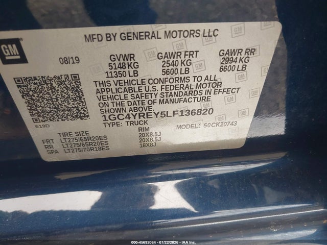 45692064 :رقم المزاد ، 1GC4YREY5LF136820 vin ، 2020 Chevrolet Silverado 2500hd 4wd  Standard Bed High Country مزاد بيع