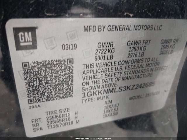 2019 Gmc Acadia Slt-1 მანქანა იყიდება აუქციონზე, vin: 1GKKNMLS3KZ242685, აუქციონის ნომერი: 45692065