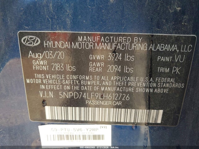 Продаж на аукціоні авто 2020 Hyundai Elantra Se, vin: 5NPD74LF9LH612726, номер лоту: 45692069