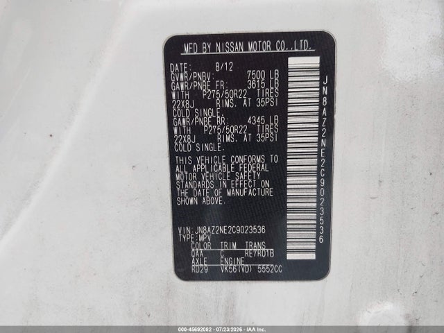 Aukcja sprzedaży 2012 Infiniti Qx56, vin: JN8AZ2NE2C9023536, numer aukcji: 45692082
