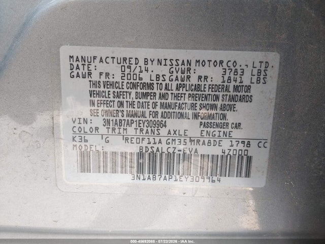 Aukcja sprzedaży 2014 Nissan Sentra S, vin: 3N1AB7AP1EY309964, numer aukcji: 45692088
