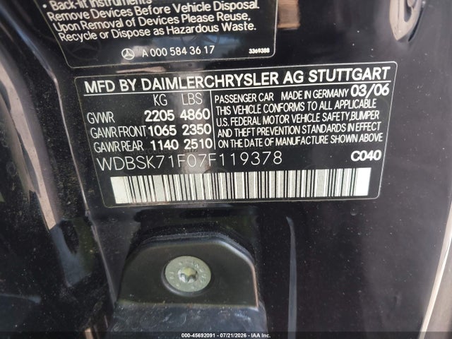 Продажа на аукционе авто 2007 Mercedes-benz Sl 550, vin: WDBSK71F07F119378, номер лота: 45692091