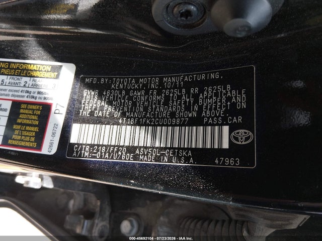 2012 Toyota Camry Se მანქანა იყიდება აუქციონზე, vin: 4T1BF1FK2CU009877, აუქციონის ნომერი: 45692104