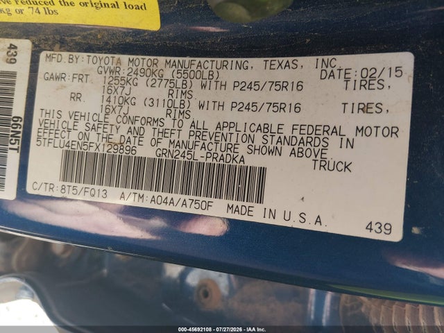 Aukcja sprzedaży 2015 Toyota Tacoma Base V6, vin: 5TFLU4EN5FX129896, numer aukcji: 45692108