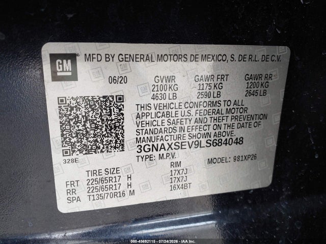 Aukcja sprzedaży 2020 Chevrolet Equinox Awd Ls, vin: 3GNAXSEV9LS684048, numer aukcji: 45692115