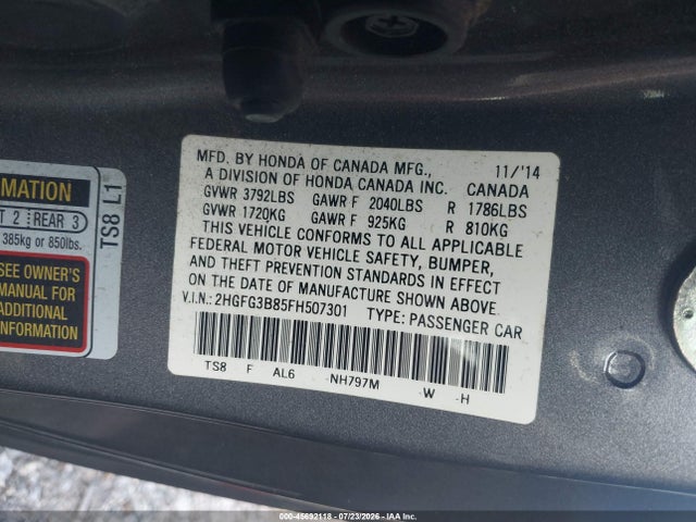 45692118 :رقم المزاد ، 2HGFG3B85FH507301 vin ، 2015 Honda Civic Ex مزاد بيع