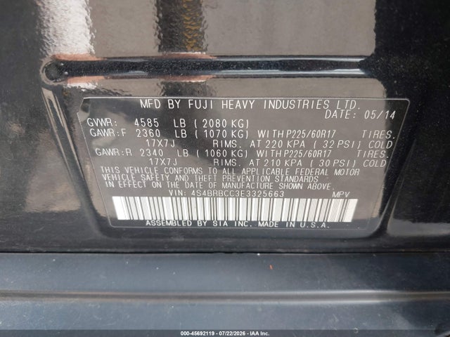 45692119 :رقم المزاد ، 4S4BRBCC3E3325663 vin ، 2014 Subaru Outback 2.5i Premium مزاد بيع