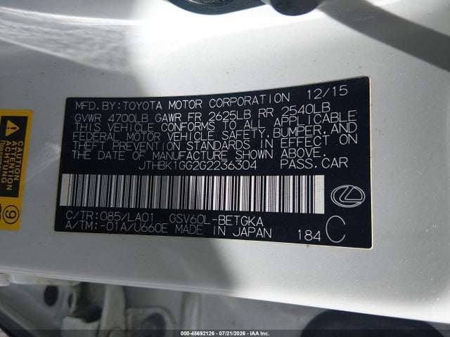 45692126 :رقم المزاد ، JTHBK1GG2G2236304 vin ، 2016 Lexus Es 350 مزاد بيع
