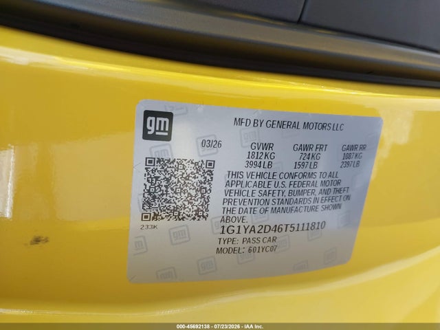 Aukcja sprzedaży 2026 Chevrolet Corvette Stingray , 1lt, Rwd, vin: 1G1YA2D46T5111810, numer aukcji: 45692138