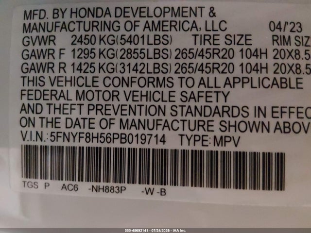 5FNYF8H56PB019714 Honda Passport Awd Ex-l