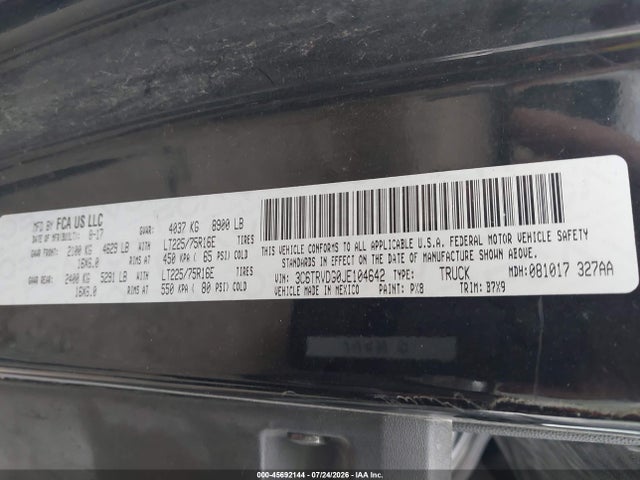 45692144 :رقم المزاد ، 3C6TRVDG0JE104642 vin ، 2018 Ram Promaster 2500 High Roof 159 Wb مزاد بيع