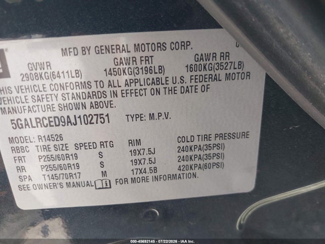 Продаж на аукціоні авто 2010 Buick Enclave 2xl, vin: 5GALRCED9AJ102751, номер лоту: 45692145