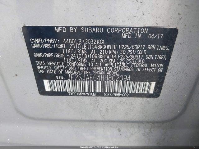 45692177 :رقم المزاد ، JF2SJAEC4HH802094 vin ، 2017 Subaru Forester 2.5i Premium مزاد بيع