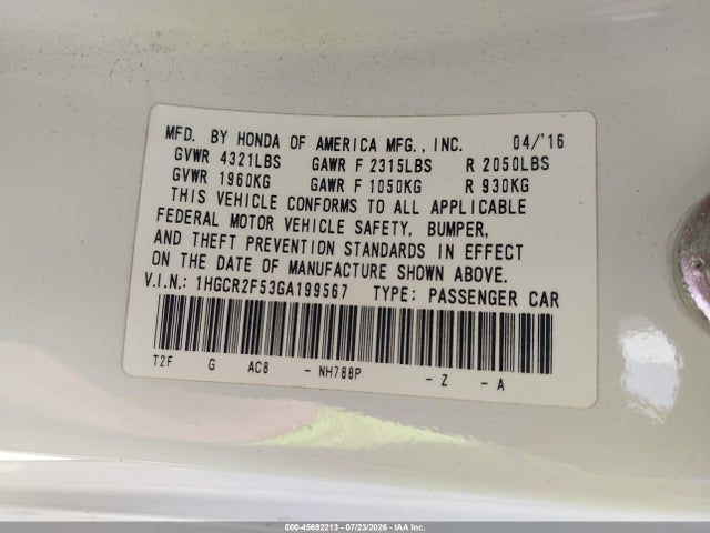 1HGCR2F53GA199567 Honda Accord Sport