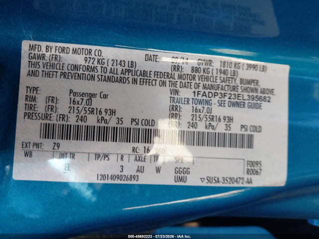 Ford FOCUS SE 2014 1FADP3F23EL395682 Image 9