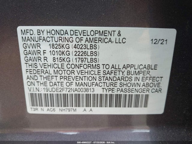 2022 Acura Ilx Premium Package მანქანა იყიდება აუქციონზე, vin: 19UDE2F72NA003813, აუქციონის ნომერი: 45692227