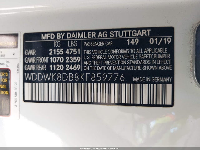 45692228 :رقم المزاد ، WDDWK8DB8KF859776 vin ، 2019 Mercedes-benz C 300 مزاد بيع