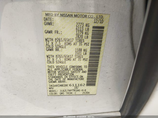 2011 Nissan Pathfinder Silver მანქანა იყიდება აუქციონზე, vin: 5N1AR1NB1BC611162, აუქციონის ნომერი: 45692246