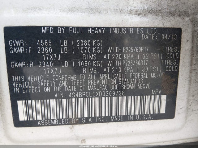 Aukcja sprzedaży 2013 Subaru Outback 2.5i Limited, vin: 4S4BRCLCXD3309738, numer aukcji: 45692247