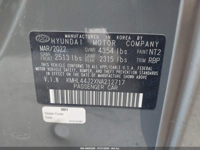 Продажа на аукционе авто 2022 Hyundai Sonata Sel Plus, vin: KMHL44J2XNA212717, номер лота: 45692265