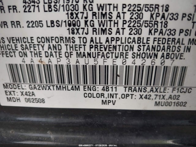 2015 Mitsubishi Outlander Sport Es მანქანა იყიდება აუქციონზე, vin: 4A4AP3AU5FE042607, აუქციონის ნომერი: 45692271