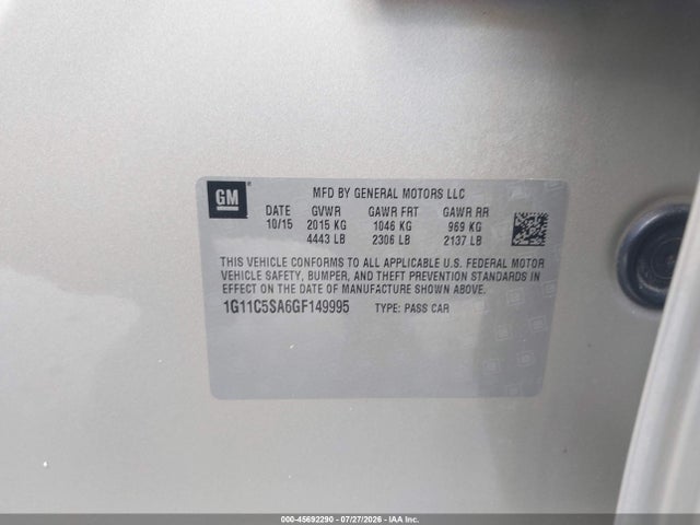 45692290 :رقم المزاد ، 1G11C5SA6GF149995 vin ، 2016 Chevrolet Malibu Limited Lt مزاد بيع