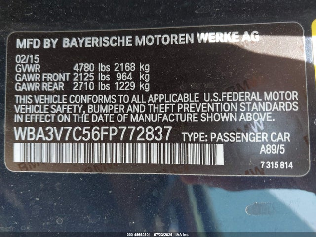 45692301 :رقم المزاد ، WBA3V7C56FP772837 vin ، 2015 Bmw 428i مزاد بيع