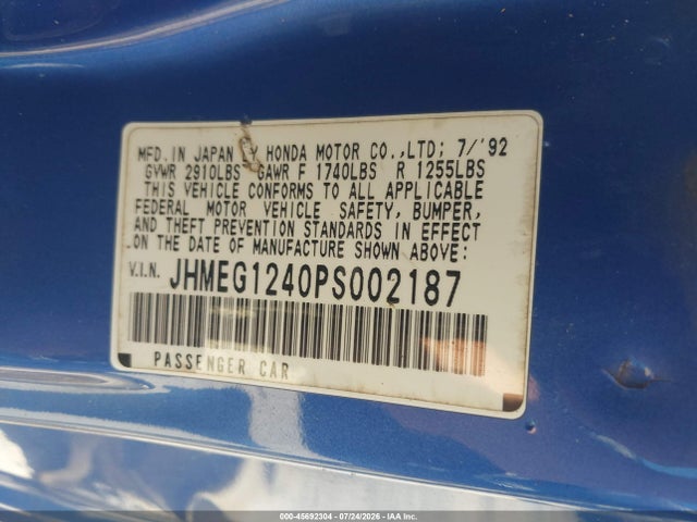 Aukcja sprzedaży 1993 Honda Civic Del Sol S, vin: JHMEG1240PS002187, numer aukcji: 45692304