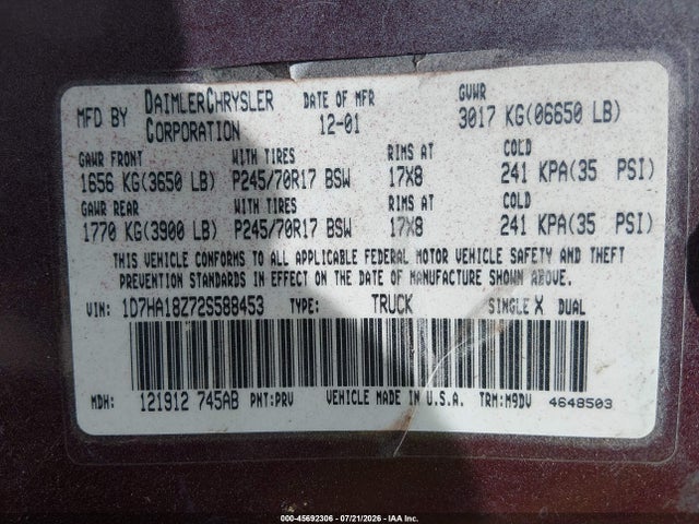 45692306 :رقم المزاد ، 1D7HA18Z72S588453 vin ، 2002 Dodge Ram 1500 St مزاد بيع