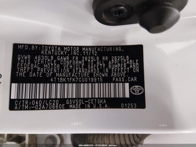 Продажа на аукционе авто 2012 Toyota Camry Se V6, vin: 4T1BK1FK7CU019915, номер лота: 45692332