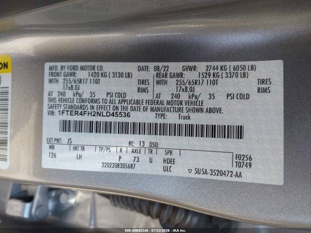 45692348 :رقم المزاد ، 1FTER4FH2NLD45536 vin ، 2022 Ford Ranger Xlt مزاد بيع