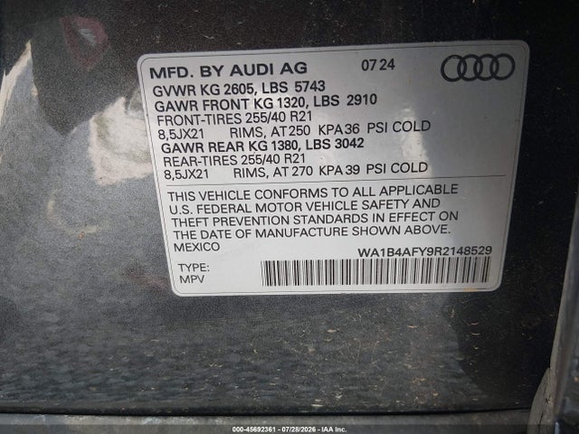 45692361 :رقم المزاد ، WA1B4AFY9R2148529 vin ، 2024 Audi Sq5 Premium Plus Tfsi Quattro Tiptronic مزاد بيع