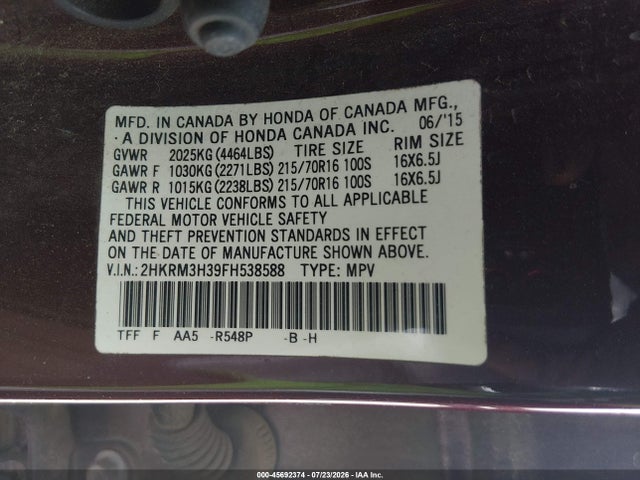 45692374 :رقم المزاد ، 2HKRM3H39FH538588 vin ، 2015 Honda Cr-v Lx مزاد بيع