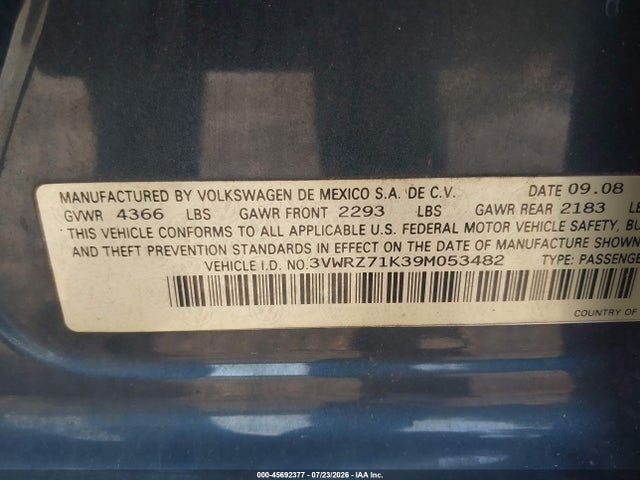 2009 Volkswagen Jetta Se/sel მანქანა იყიდება აუქციონზე, vin: 3VWRZ71K39M053482, აუქციონის ნომერი: 45692377