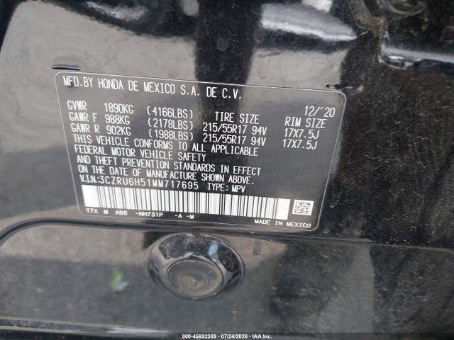45692389 :رقم المزاد ، 3CZRU6H51MM717695 vin ، 2021 Honda Hr-v Awd Ex مزاد بيع