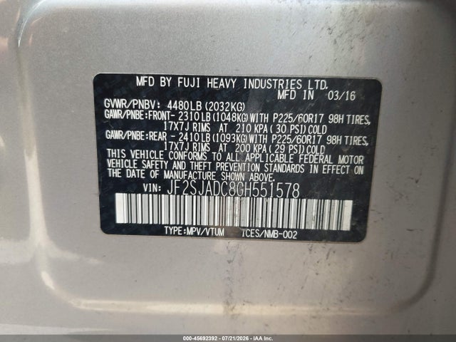 Продажа на аукционе авто 2016 Subaru Forester 2.5i Premium, vin: JF2SJADC8GH551578, номер лота: 45692392