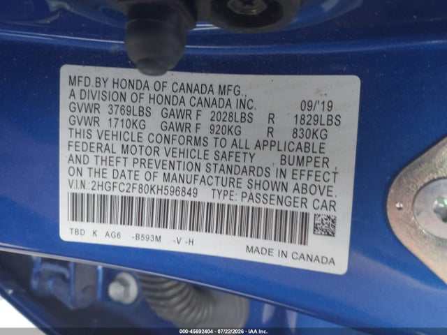 2019 Honda Civic Sport მანქანა იყიდება აუქციონზე, vin: 2HGFC2F80KH596849, აუქციონის ნომერი: 45692404