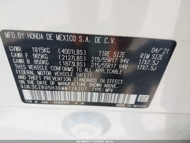3CZRU5H36MM726207 Honda Hr-v 2wd Lx