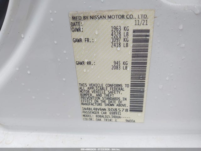 Продаж на аукціоні авто 2022 Nissan Altima S Fwd, vin: 1N4BL4BV6NN308578, номер лоту: 45692426