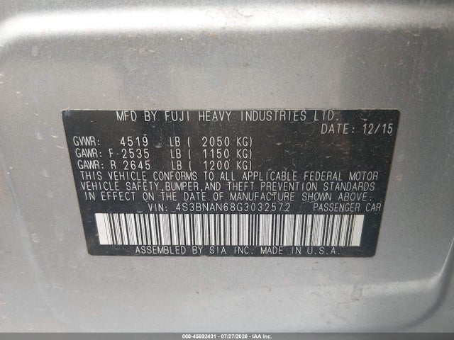 45692431 :رقم المزاد ، 4S3BNAN68G3032572 vin ، 2016 Subaru Legacy 2.5i Limited مزاد بيع