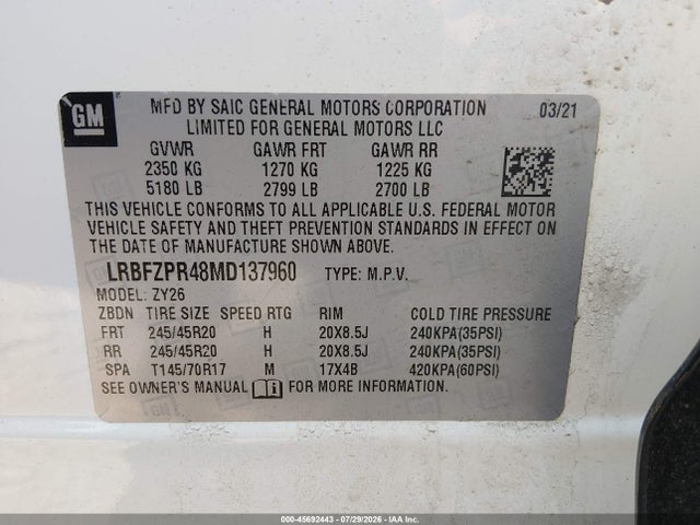 45692443 :رقم المزاد ، LRBFZPR48MD137960 vin ، 2021 Buick Envision Awd Essence مزاد بيع