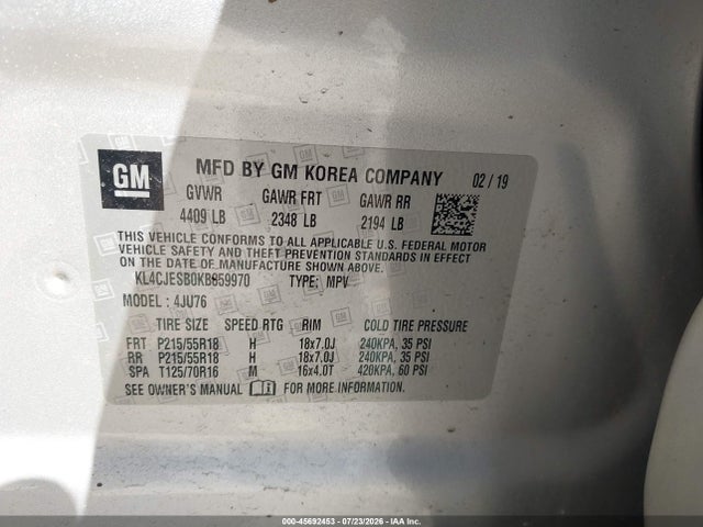45692453 :رقم المزاد ، KL4CJESB0KB859970 vin ، 2019 Buick Encore Awd Preferred مزاد بيع