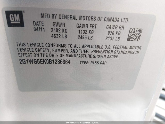 2011 Chevrolet Impala Lt მანქანა იყიდება აუქციონზე, vin: 2G1WG5EK0B1286364, აუქციონის ნომერი: 45692454